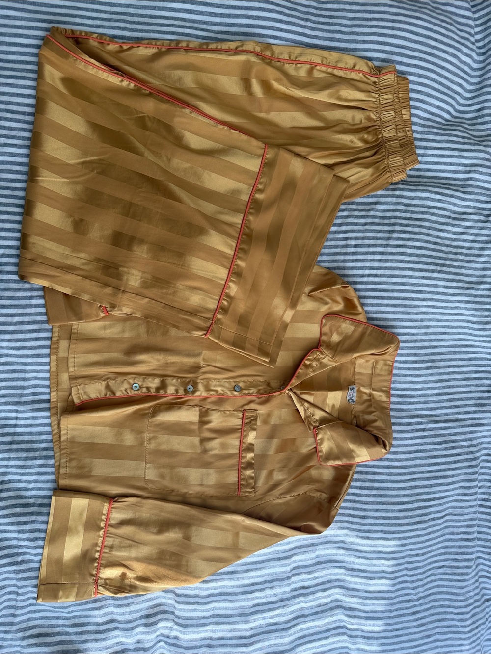 Free People Gold Satin Striped Pajama Set with Orange Trim - Picture 2 of 2